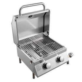 Tabletop Gas Grill, 2-Burner Stainless Steel Portable Propane Grill, with Built-in Thermometer, Travel Locks, Weatherproof Lid, 15,000 BTU Total