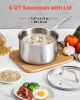 4 QT Saucepan, Stainless Steel Saucepan with Glass Lid, Multipurpose Nonstick Stainless Steel Small Cooking Sauce Pot with Ergonomic Handle