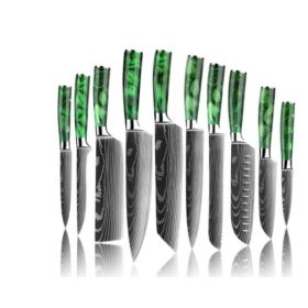 8-inch Chef Knife with Blue Resin Handle (Option: Green 10piece set)